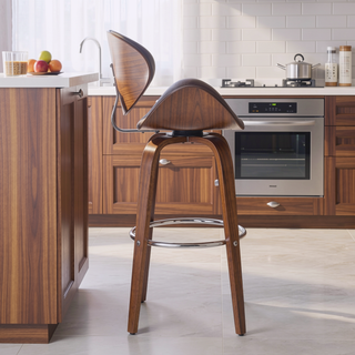 Sunvega Mid-Century Modern Swivel Barstool with Faux Leather Upholstery and Walnut Frame
