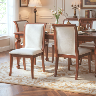 Sunvega Walnut Finish Upholstered Dining Chairs Set of 2 with Curved Lines