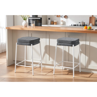 Sunvega Set of 2 Grey Fabric Backless Barstools with White Metal Legs and Footrest