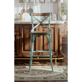 Sunvega Antique Oak Finish Armless Bar Chair with High Backrest and Splayed Metal Legs