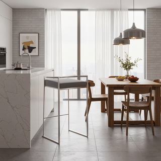 Sunvega Contemporary Stackable Counter Stool with Grey Faux Leather and Brushed Stainless Steel