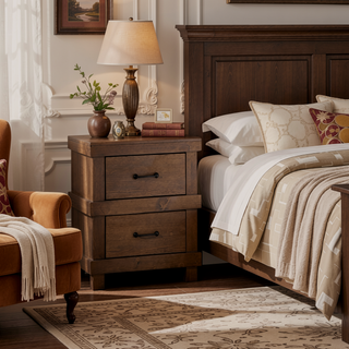 Sunvega Antique Oak Finish Farmhouse Nightstand with Two Felt Lined Drawers