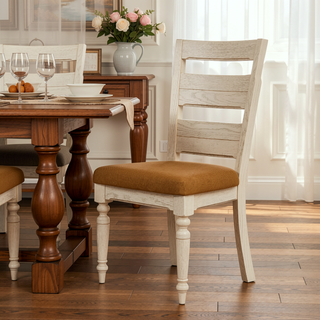 Sunvega Whitewash Finish Ladder Back Side Chair with Padded Taupe Fabric Seat Set of 2