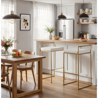 Sunvega Gold and White Faux Leather Upholstered Fixed Bar Height Barstool Set