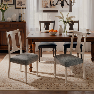 Sunvega Set of 2 White Frame Gray Linen Upholstered Dining Side Chairs