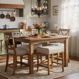 Sunvega Counter Height Stools with Tan Linen Upholstery and Weathered Oak Finish
