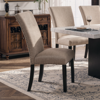 Sunvega Light Gray Flannelette Dining Chairs with Nailhead Trim and Black Wood Legs