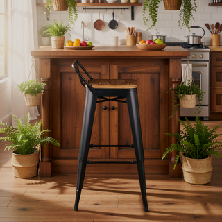 Sunvega Industrial Low Back Barstool Set of 2 in Black Metal and Wood