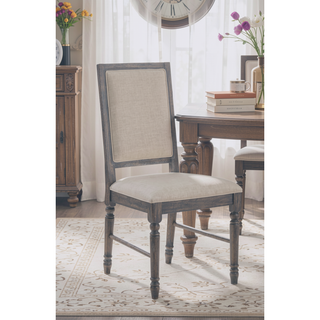 Sunvega Cream Linen Upholstered Side Chair with Weathered Gray Finish and Wooden Legs