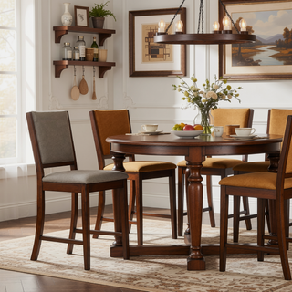 Sunvega Industrial Counter Height Dining Stools with Chestnut Finish and Soft Beige Upholstery