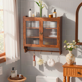 Sunvega Vintage Double Door Wall Cabinet with Three Removable Storage Shelves and Towel Rack