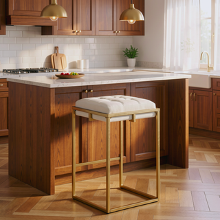 Sunvega Beige and Gold Square Counter Height Stools with Button Tufting and Footrest