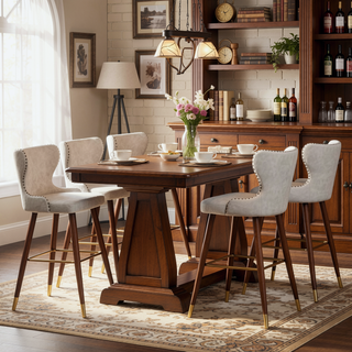 Sunvega Mid-Century Modern Tufted Nailhead Trim Barstool Set of 2 in Off-White