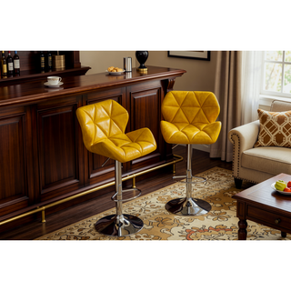 Sunvega Blue PU Leather Diamond-Tufted Swiveling Adjustable Height Bar Stools Set of 2