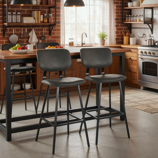 Sunvega Foundry Contemporary Black Metal and Grey Faux Leather Barstools with Zig Zag Stitching
