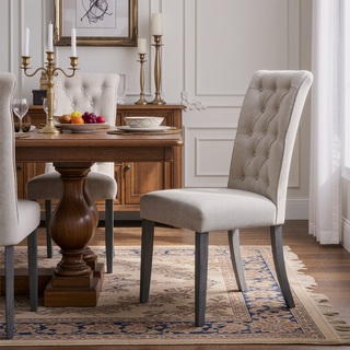 Sunvega Beige Linen Upholstered Tufted Back Side Chairs with Grey Legs Set of 2