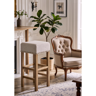 Sunvega Tan Linen & Weathered Oak Finish Counter Height Armless Stool Set of 2