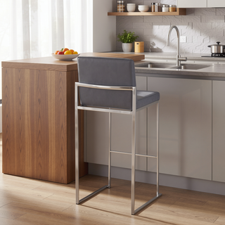 Sunvega Fuji Contemporary High Back Barstool in Stainless Steel and Grey Faux Leather