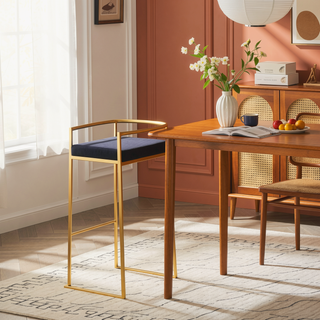 Sunvega Gold Metal Frame Barstool with Black Velvet Cushion Set of 3