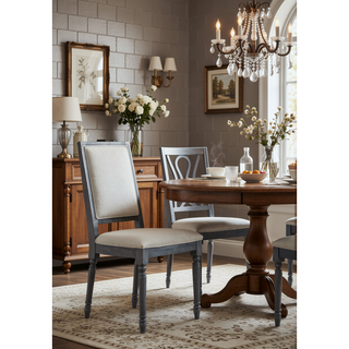 Sunvega Cream Linen Upholstered Side Chair with Weathered Gray Finish and Wooden Legs
