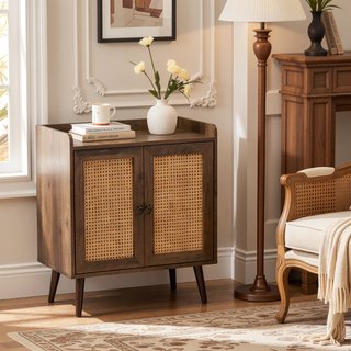 Sunvega Medieval Style Buffet Cabinet with Rattan Doors and Baffle Strip Design
