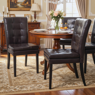 Sunvega Brown Bonded Leather Tufted Back Dining Chairs Set of 2 for Modern Dining