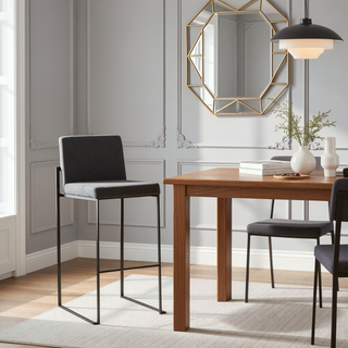 Sunvega Fuji Contemporary High Back Barstool in Black Steel and Charcoal Fabric Set of 2