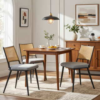 Sunvega Mid-Century Modern Dining Chairs with Rattan Backrest & Thick Boucle Cushion
