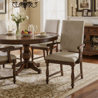 Sunvega Traditional Brown Wooden Dining Chairs with Beige Textured Fabric Upholstery