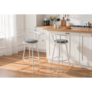 Sunvega Set of 2 Swivel Barstools with Grey Fabric Seats and White Metal Frame