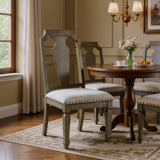 Sunvega Beige Linen and Weathered Oak Finish Armless Side Chair Set of 2