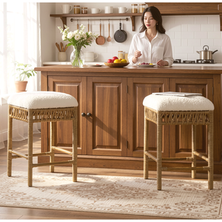 Sunvega Backless Upholstered Counter Stool with Resin Rattan Frame Ivory Boucle