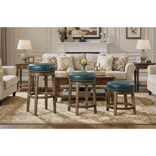 Sunvega Gray Faux Leather Swivel Stools with Nailhead Trim and Solid Wood Frame