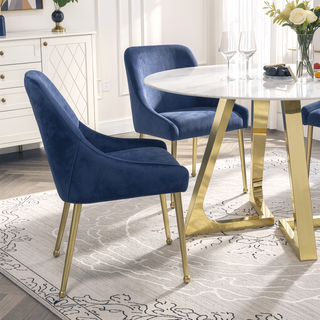 Sunvega Dark Ink Blue and Gold Wingback Dining Chair with Plush Cushions and Metal Legs