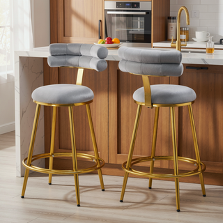 Sunvega Light Gray Velvet Counter Stools Set of 2 with Iron Frame and Footrest