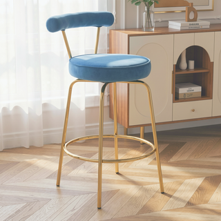 Sunvega Gold Metal Frame and Blue Velvet Upholstery Counter Stool Set of 2