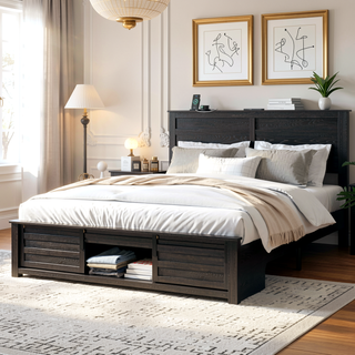 Sunvega Queen Bed Frame with Upholstered Headboard and LED Lighting Charging Station