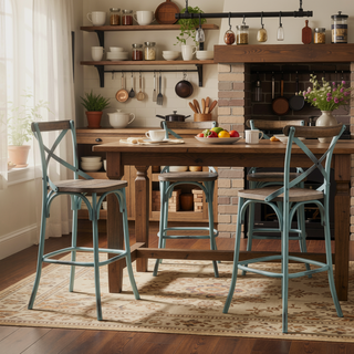 Sunvega Antique Turquoise Finish Metal Frame Vintage Style X-Shape Backrest Bar Chair