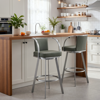 Sunvega 30 Inch Gray Faux Leather Swivel Bar Stool with Brushed Stainless Steel Frame