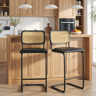 Sunvega Cantilever Rattan Back PU Leather Bar Stools Set of 2 for Kitchen