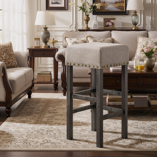 Sunvega Counter Height Stools with Tan Linen Upholstery and Weathered Grey Legs