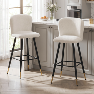 Sunvega Modern Barstool with White Fabric Seat and Black Gold-Tipped Metal Legs