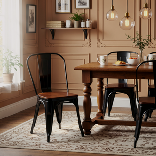 Sunvega High Gloss Black Industrial Metal Dining Chairs with Walnut Wooden Seat