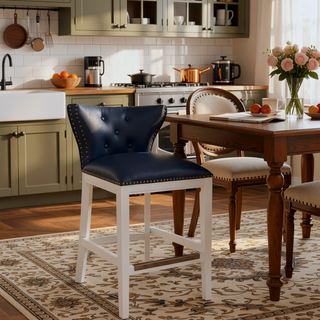 Sunvega Midnight Blue Faux Leather Upholstered Counter Stool with White Wood Base