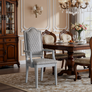 Sunvega Two Tone Grey and Pearl Grey Upholstered Back Arm Chairs with Diamond Grid Pattern and Nailhead Trim, Set of 2