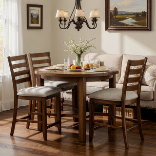 Sunvega Traditional Cherry Finish Wood Frame Counter Height Chairs with Beige Upholstery