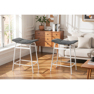 Sunvega Modern Kitchen Counter Height Barstools Set Of 2 Grey Fabric White Metal