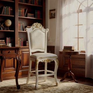 Sunvega Antique Pearl Finish PU Leather Side Chair with Floral Molding Wood Backrest