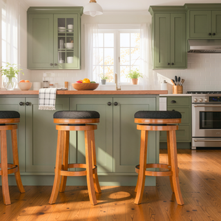 Sunvega 30 Inch Bar Stool with Beige Fabric Seat and Cherry Finish