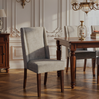 Sunvega Dark Brown Finish Wood Frame Dining Chairs Set of 2 with Gray Fabric